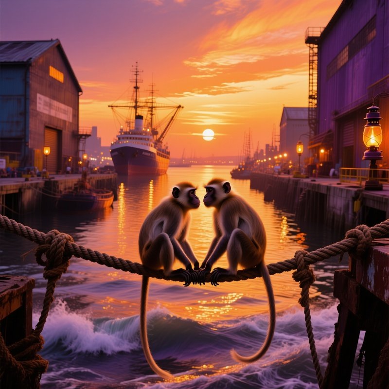 Dramatic Sunset Harbor Macaques Kiss