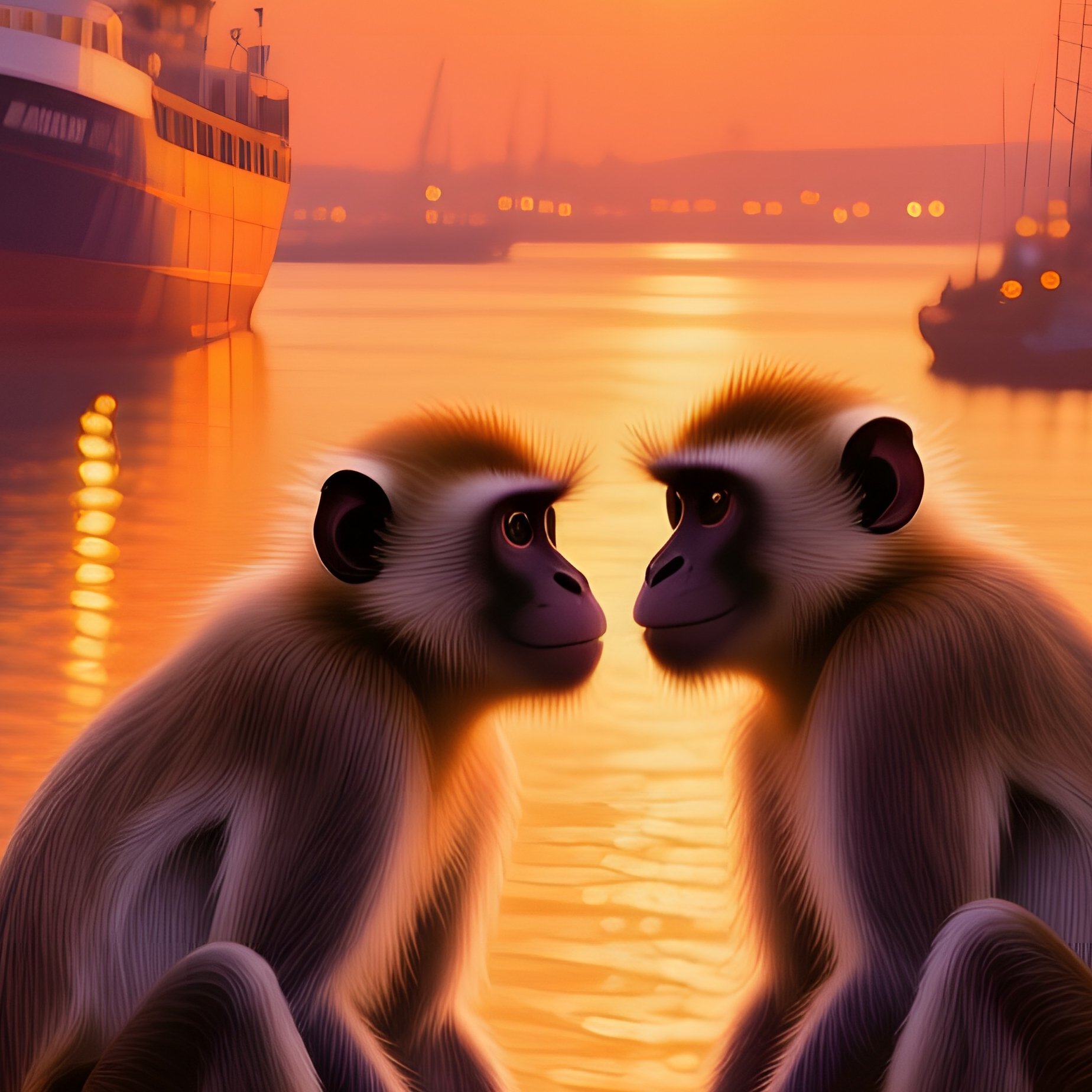 Dramatic Sunset Harbor Macaques Kiss - Full Resolution Quality Preview