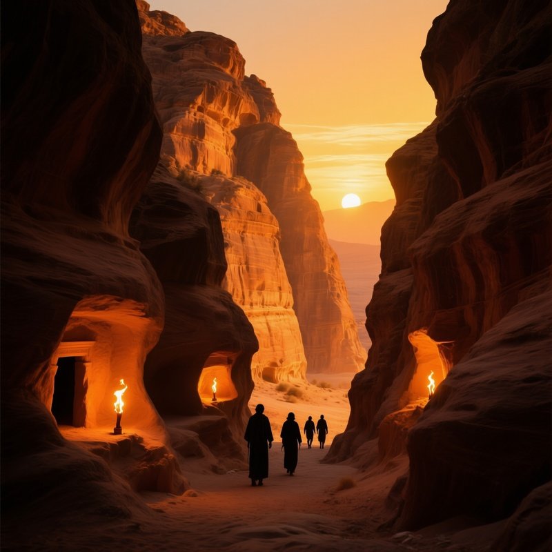 Dramatic Sunset Over Petra Sandstone Cliffs Glowing Amber Torchlight Flickering Hidden Niches
