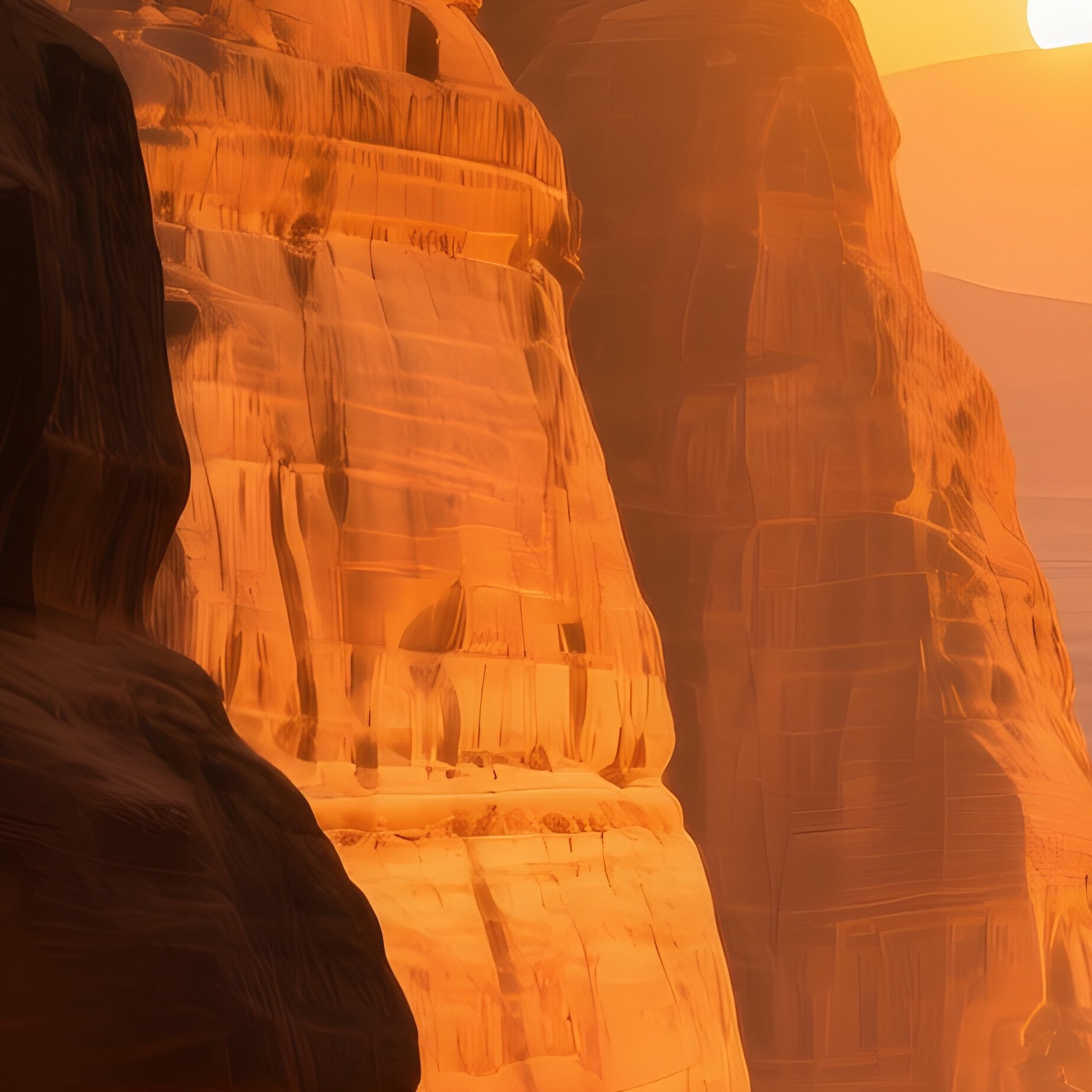 Dramatic Sunset Over Petra Sandstone Cliffs Glowing Amber Torchlight Flickering Hidden Niches - Full Resolution Quality Preview