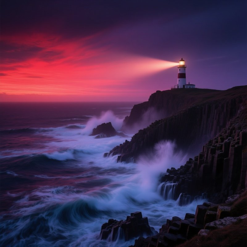 Dramatic Twilight Chinese Coastal Cliff Lighthouse Beacon
