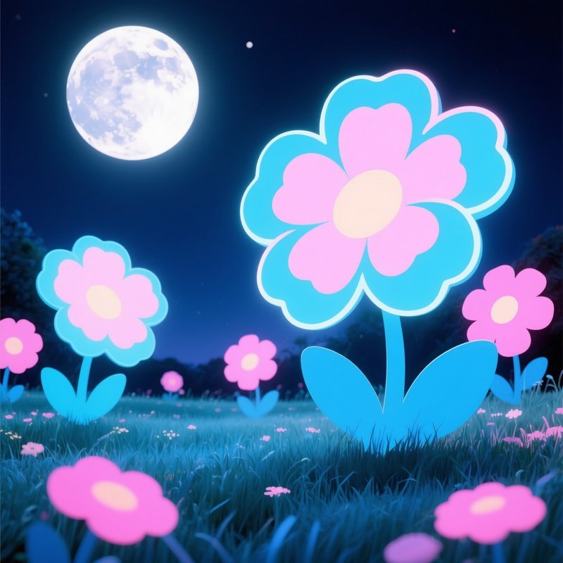 Dreamy Meadow Full Moon Pop Art Flowers