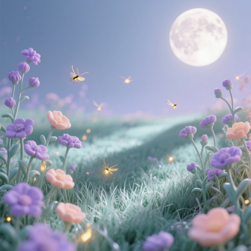 Dreamy Meadow Under Full Moon With Pastel Clay Wildflowers And Fireflies