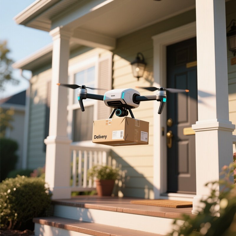 Drone Delivery: A Delivery Drone Hovering With A Package On A Porch, Bathed In Afternoon Sunlight, Symbolizing Logistics Innovation.