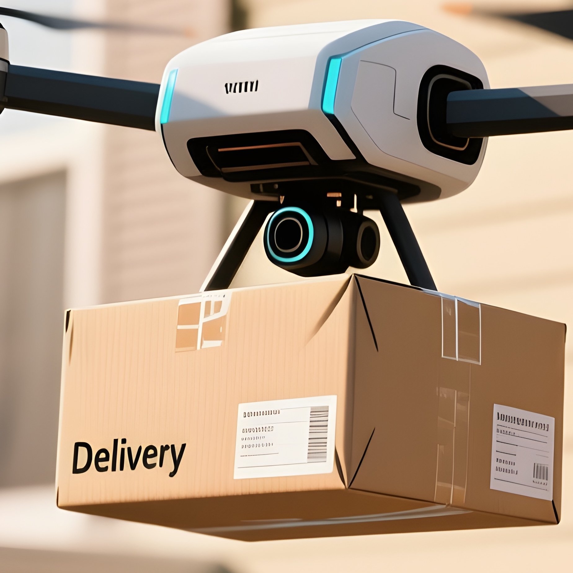 Drone Delivery: A Delivery Drone Hovering With A Package On A Porch, Bathed In Afternoon Sunlight, Symbolizing Logistics Innovation. - Full Resolution Quality Preview