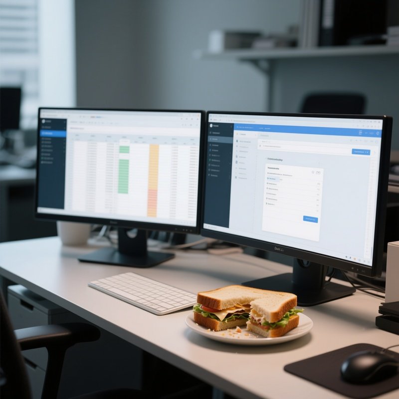Dual Monitors: A First Person View Of A Modern Workstation With Dual Monitors Displaying Spreadsheets And Email Clients, With A Half Eaten Sandwich On The Desk.
