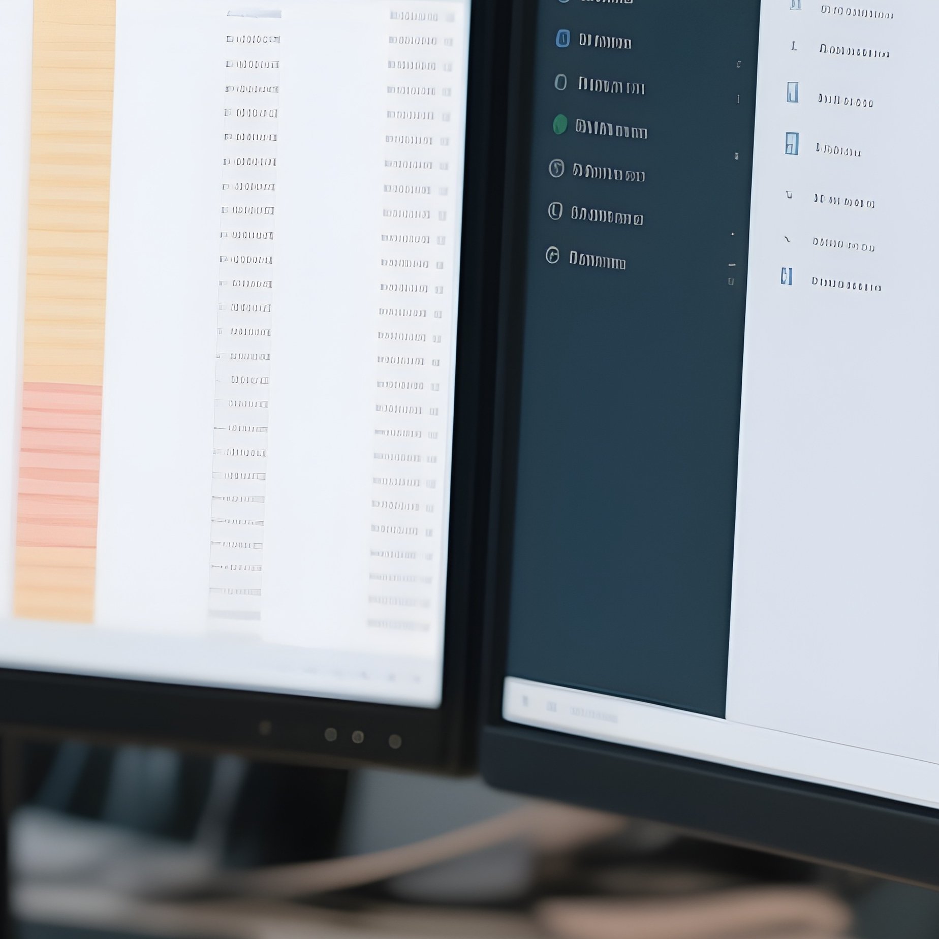 Dual Monitors: A First Person View Of A Modern Workstation With Dual Monitors Displaying Spreadsheets And Email Clients, With A Half Eaten Sandwich On The Desk. - Full Resolution Quality Preview