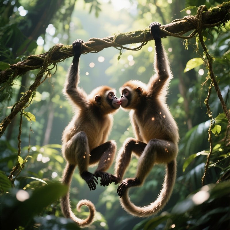 During A Bright Midday In A Lush Jungle Canopy, Two Spider Monkeys Swing Side By Side On