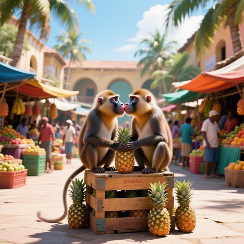 During A Bright Noon In A Tropical Fruit Market Courtyard, Two Mandrills Sit Atop A Crate Of