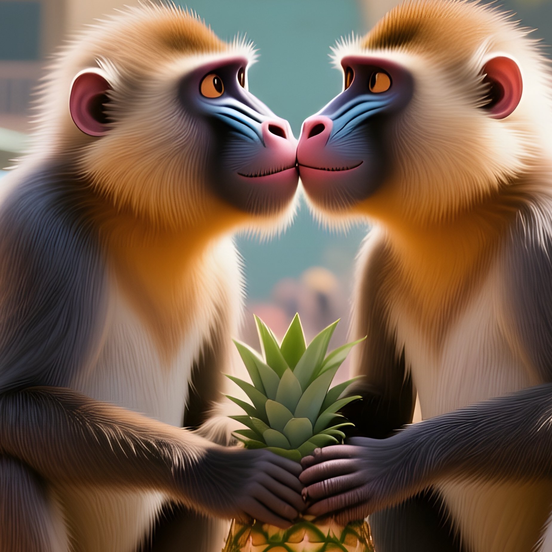 During A Bright Noon In A Tropical Fruit Market Courtyard, Two Mandrills Sit Atop A Crate Of - Full Resolution Quality Preview