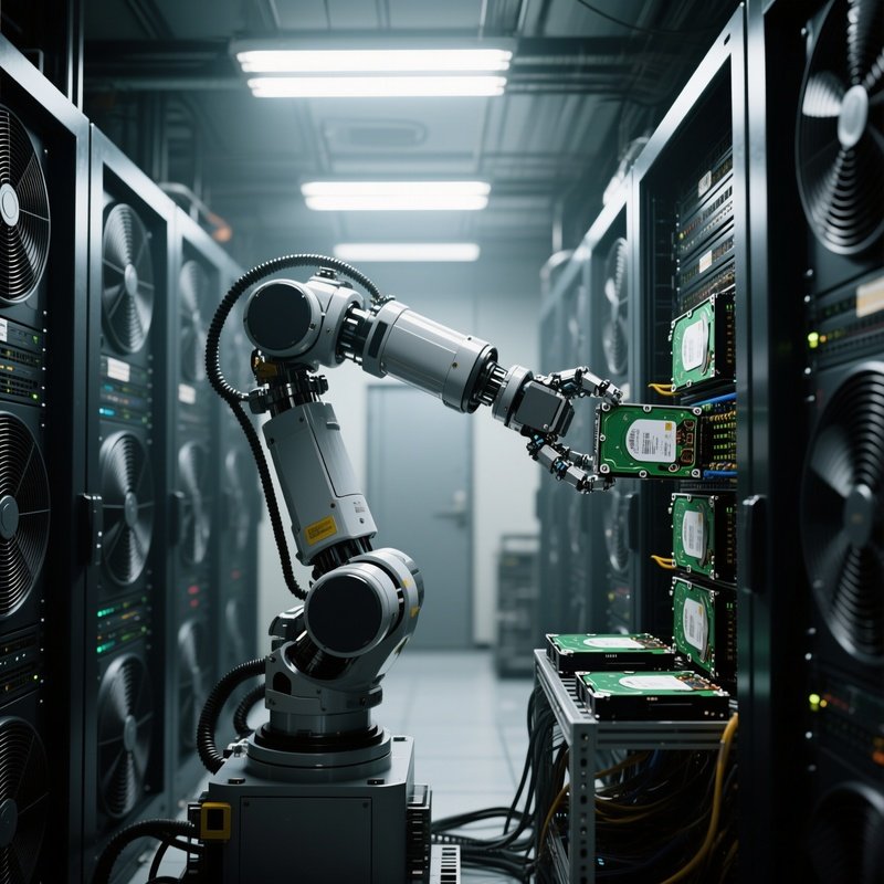 During A Busy Midday, A Robust Industrial Robot Navigates A Cramped Server Room, Its Armature
