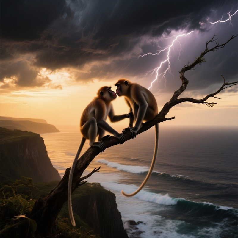 During A Golden Hour Stormy Dusk On A Cliff Overlooking An Endless Sea, Two Proboscis Monkeys Cling
