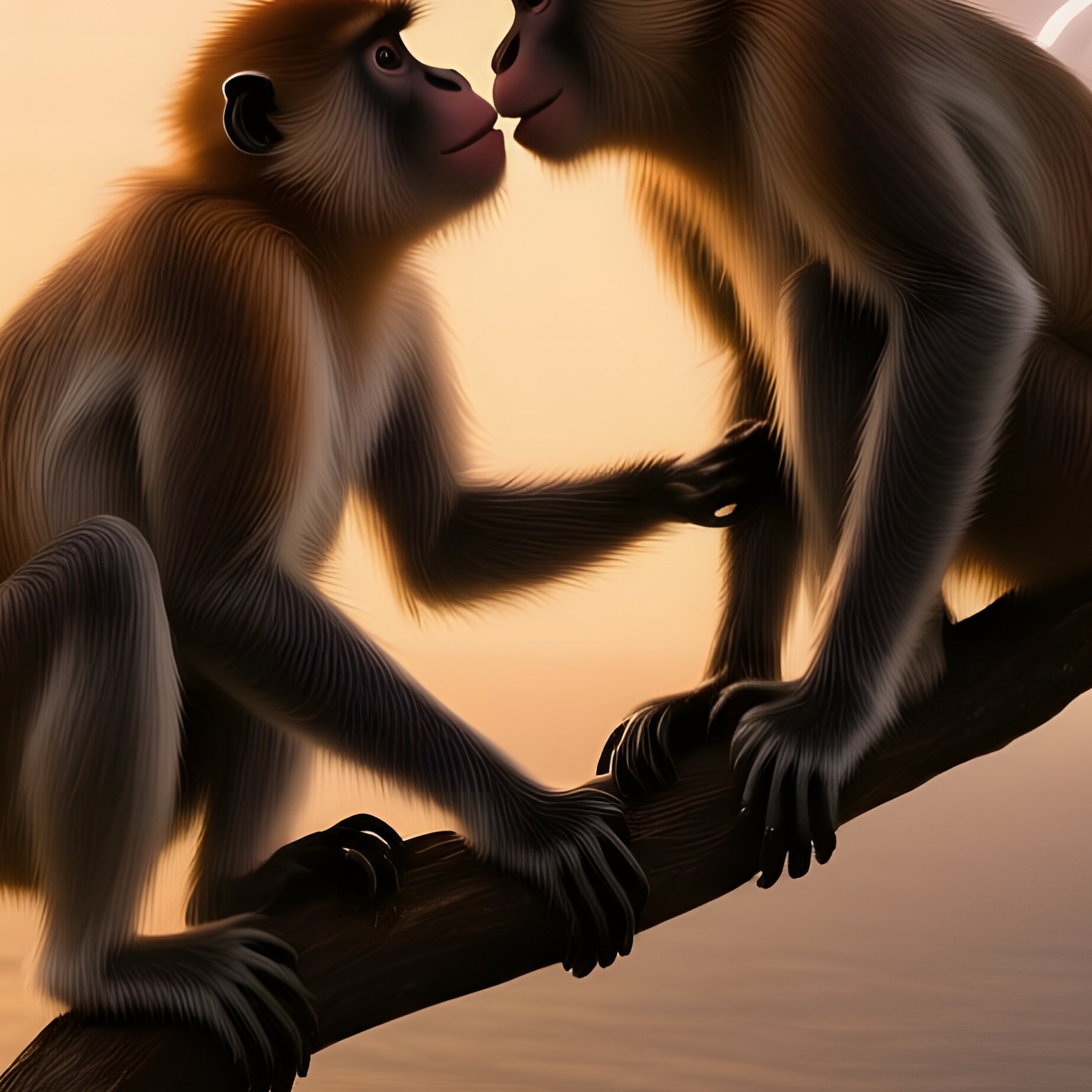 During A Golden Hour Stormy Dusk On A Cliff Overlooking An Endless Sea, Two Proboscis Monkeys Cling - Full Resolution Quality Preview