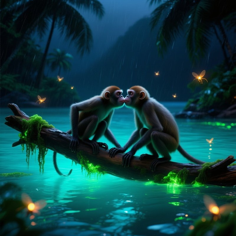 During A Rainy Night In A Tropical Lagoon Lit By Bioluminescent Algae, Two Spider Monkeys Cling To