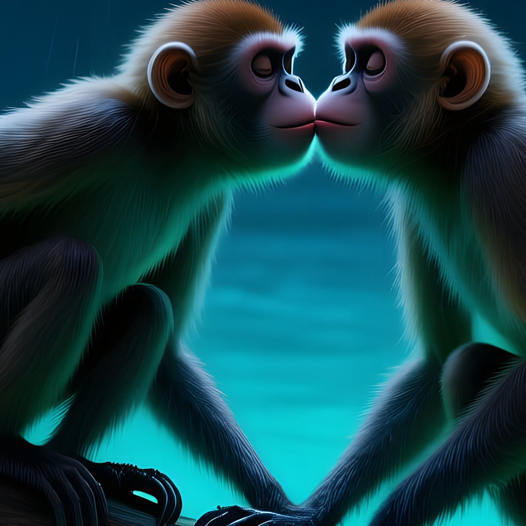 During A Rainy Night In A Tropical Lagoon Lit By Bioluminescent Algae, Two Spider Monkeys Cling To - Full Resolution Quality Preview