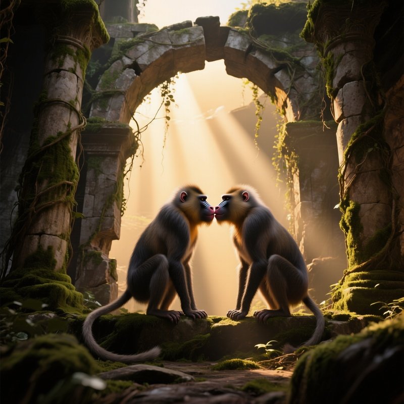 During Golden Hour In An Ancient Ruin Covered In Vines, Two Mandrills Meet On A Crumbling Stone