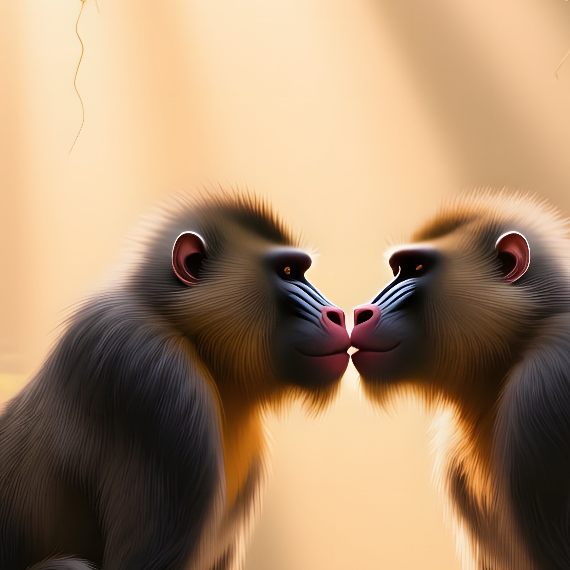 During Golden Hour In An Ancient Ruin Covered In Vines, Two Mandrills Meet On A Crumbling Stone - Full Resolution Quality Preview