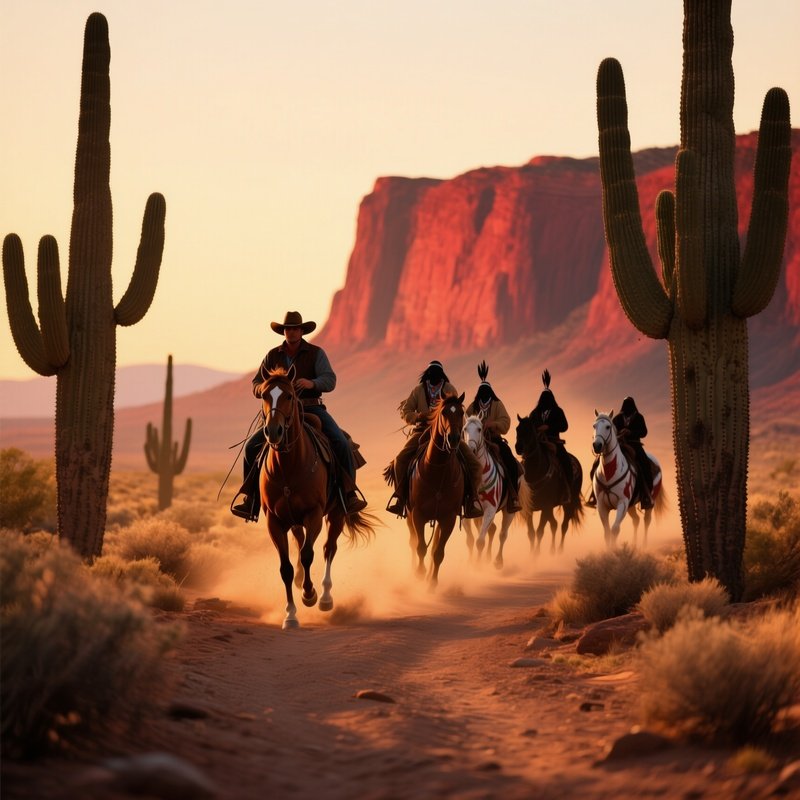 Dusty Desert Trail At Golden Hour, A Cowboy On A Chestnut Mare Gallops Alongside A Group Of Lakota