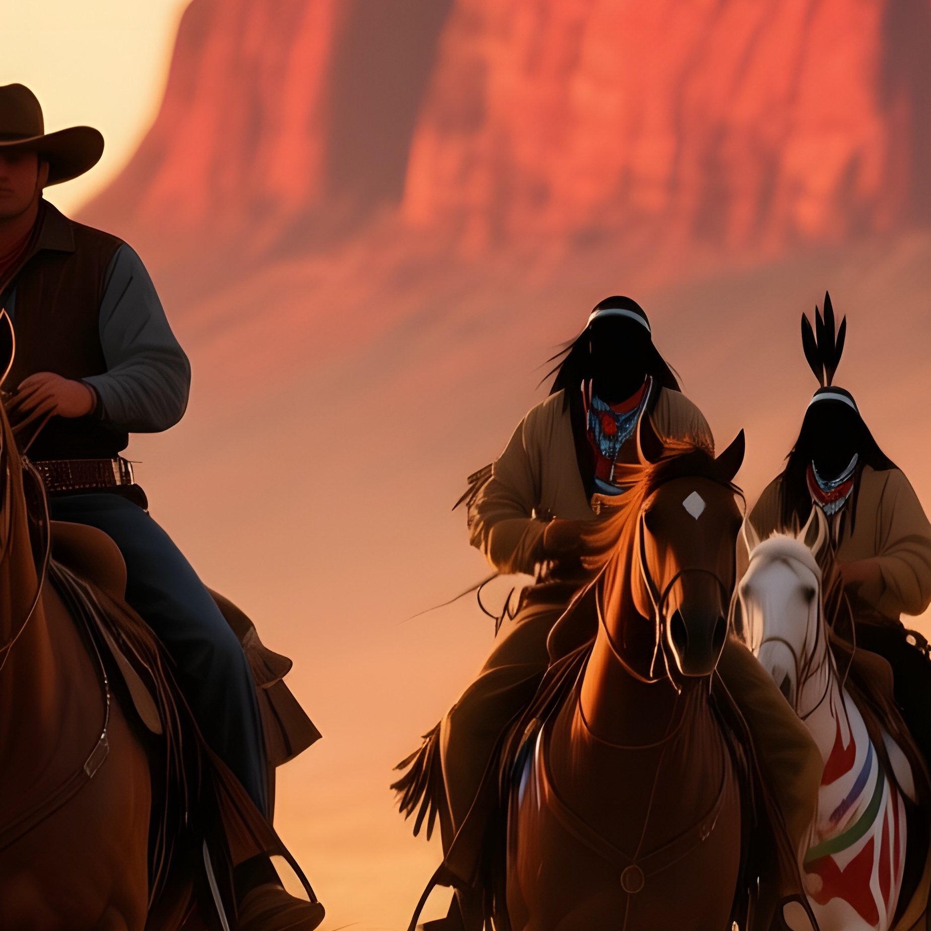 Dusty Desert Trail At Golden Hour, A Cowboy On A Chestnut Mare Gallops Alongside A Group Of Lakota - Full Resolution Quality Preview
