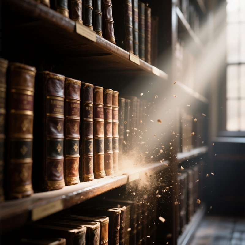 Dusty Files: A Ray Of Sunlight Hitting A Shelf Of Old, Leather Bound Ledgers In A Historical Archive, Illuminating Floating Dust Motes.