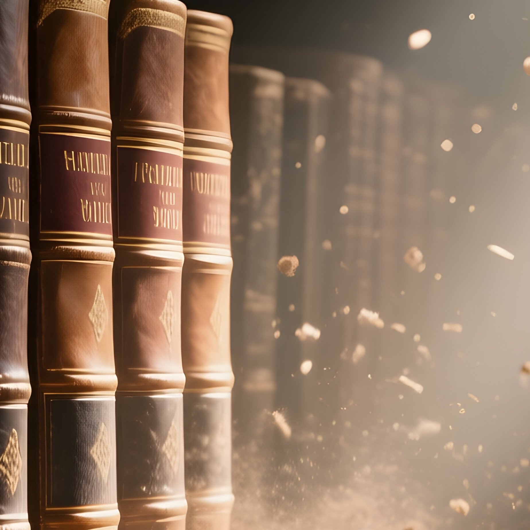 Dusty Files: A Ray Of Sunlight Hitting A Shelf Of Old, Leather Bound Ledgers In A Historical Archive, Illuminating Floating Dust Motes. - Full Resolution Quality Preview
