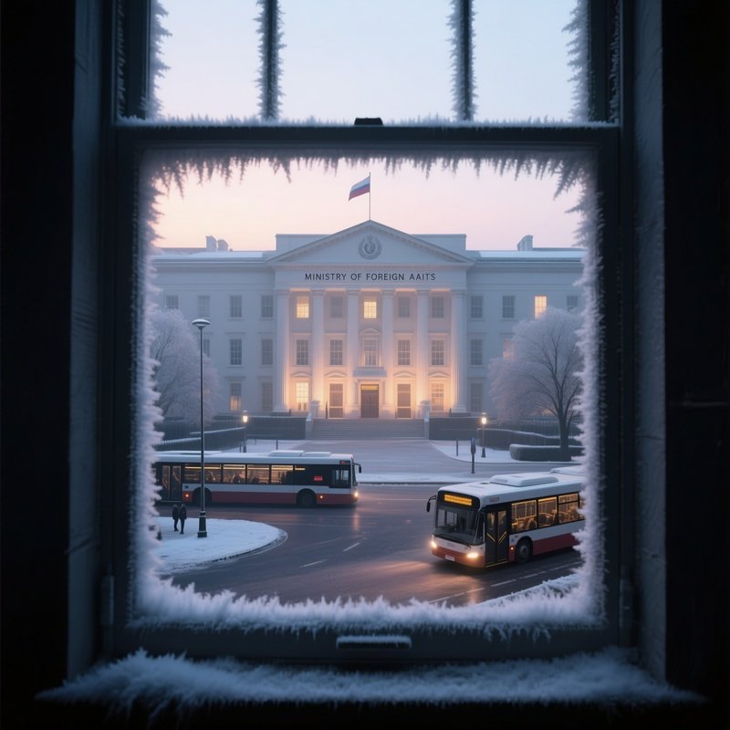 Early Dawn With A Thin Layer Of Frost On Windows, The Ministry Of Foreign Affairs Building Glowing