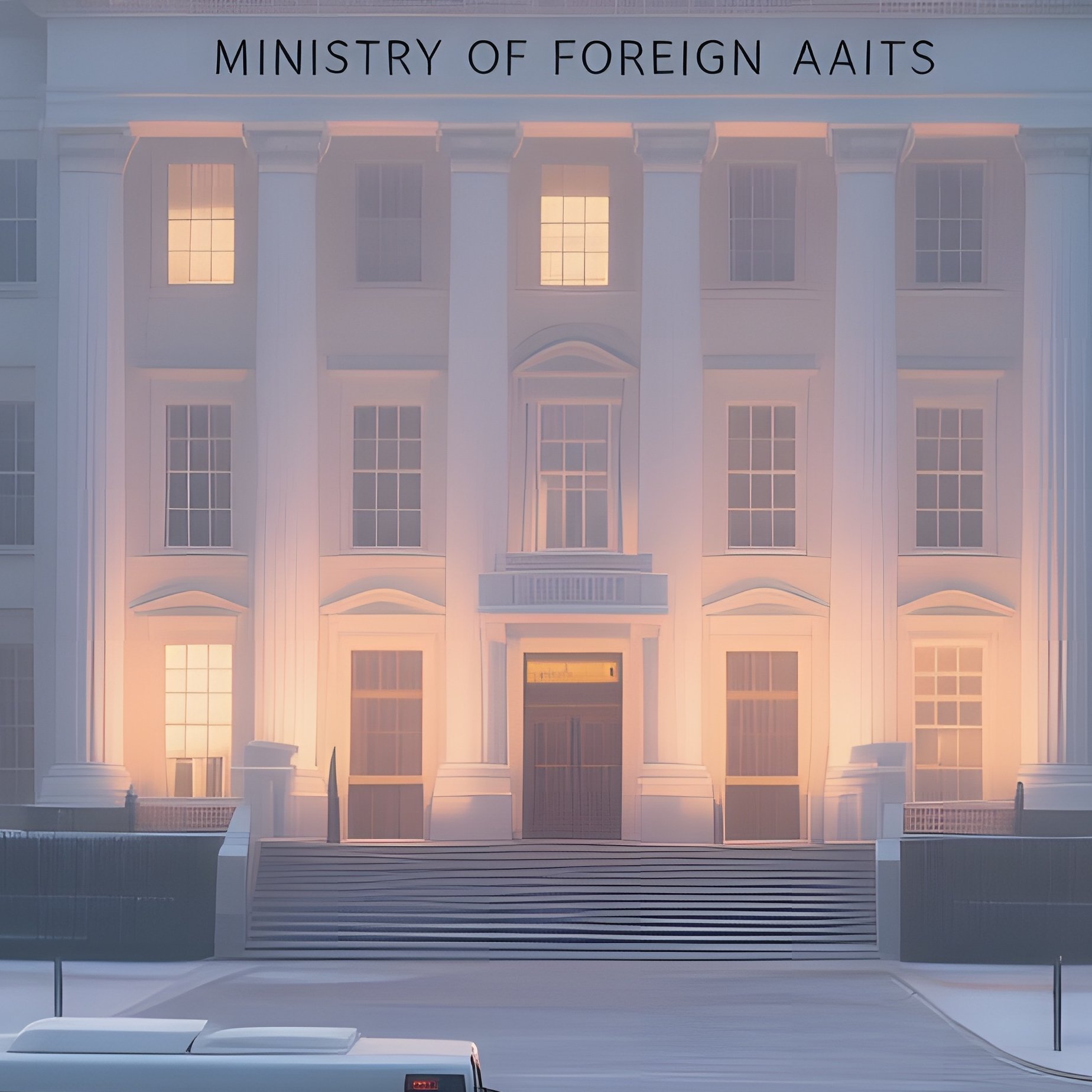 Early Dawn With A Thin Layer Of Frost On Windows, The Ministry Of Foreign Affairs Building Glowing - Full Resolution Quality Preview