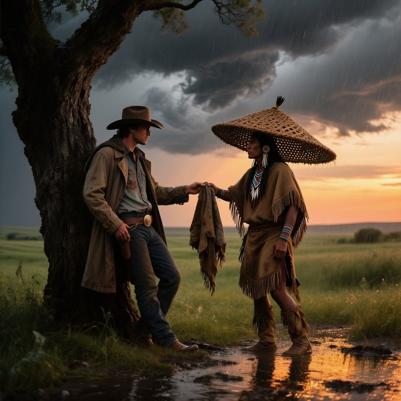Early Evening Prairie Storm Cowboy Apache Sharing Dry Clothing