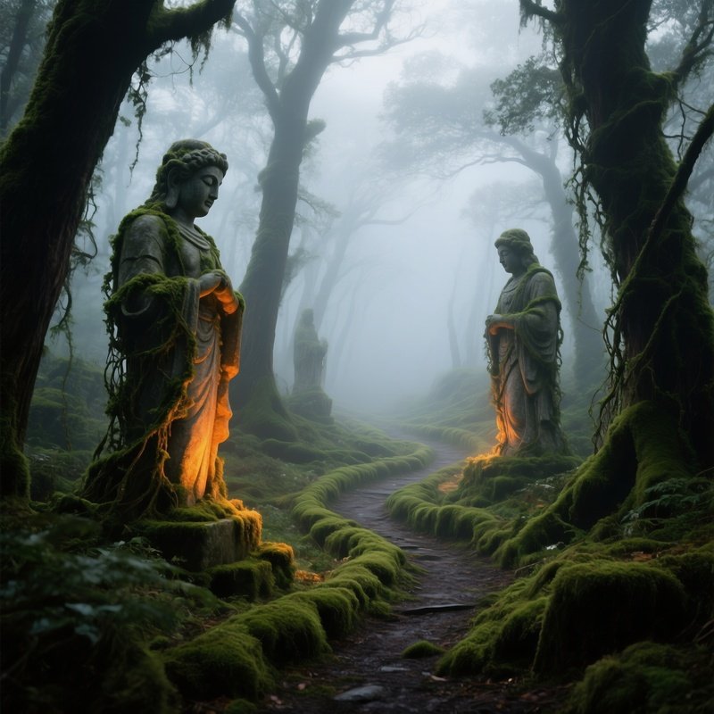 Early Morning Fog Mystical Wood Statues Glowing Amber