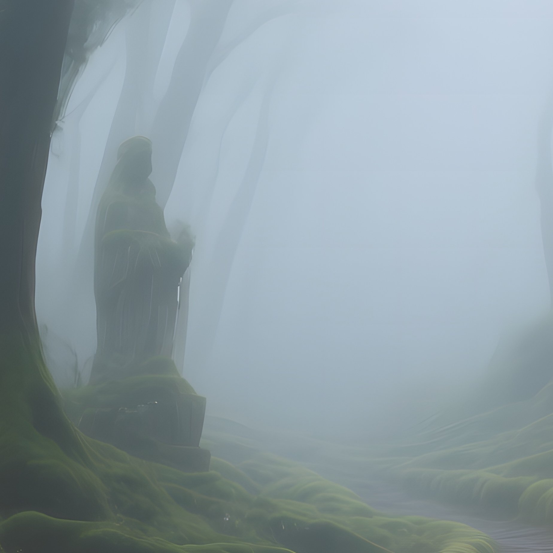 Early Morning Fog Mystical Wood Statues Glowing Amber - Full Resolution Quality Preview