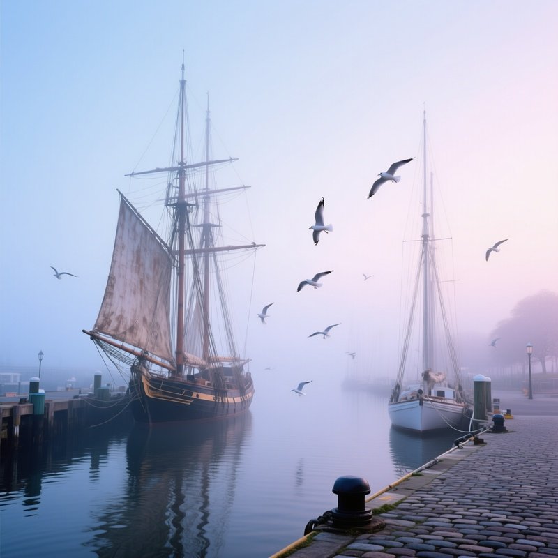 Early Morning Foggy Boston Harbor Historic Sailing Ships
