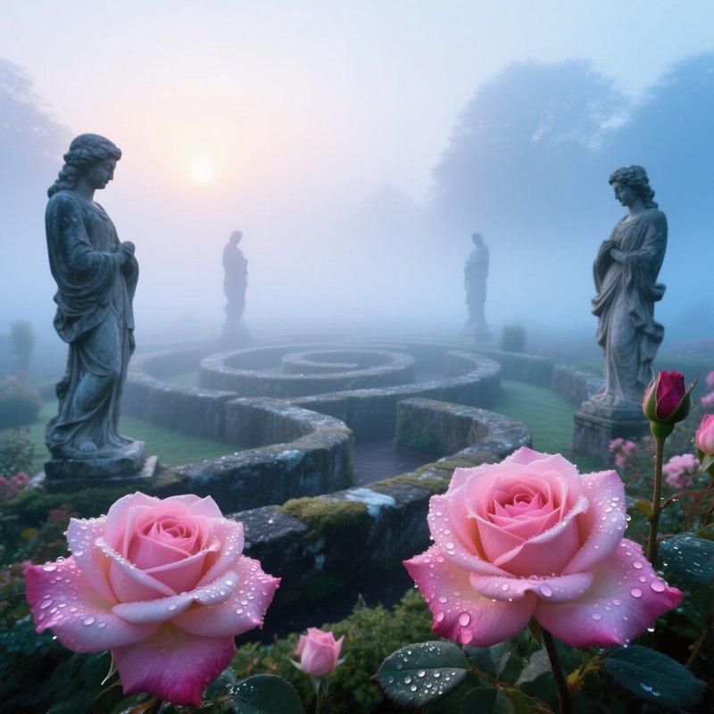 Early Morning Garden Maze Shrouded In Mist Stone Statues Emerging From Fog Dewdrops On Rose Petals
