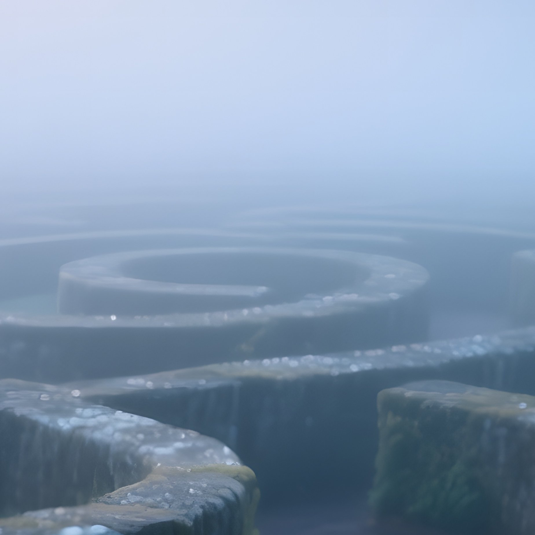 Early Morning Garden Maze Shrouded In Mist Stone Statues Emerging From Fog Dewdrops On Rose Petals - Full Resolution Quality Preview