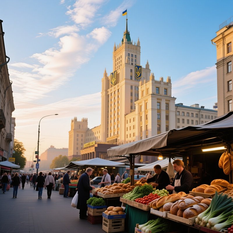 Early Morning Light Over Hotel Ukraina With Market Stall