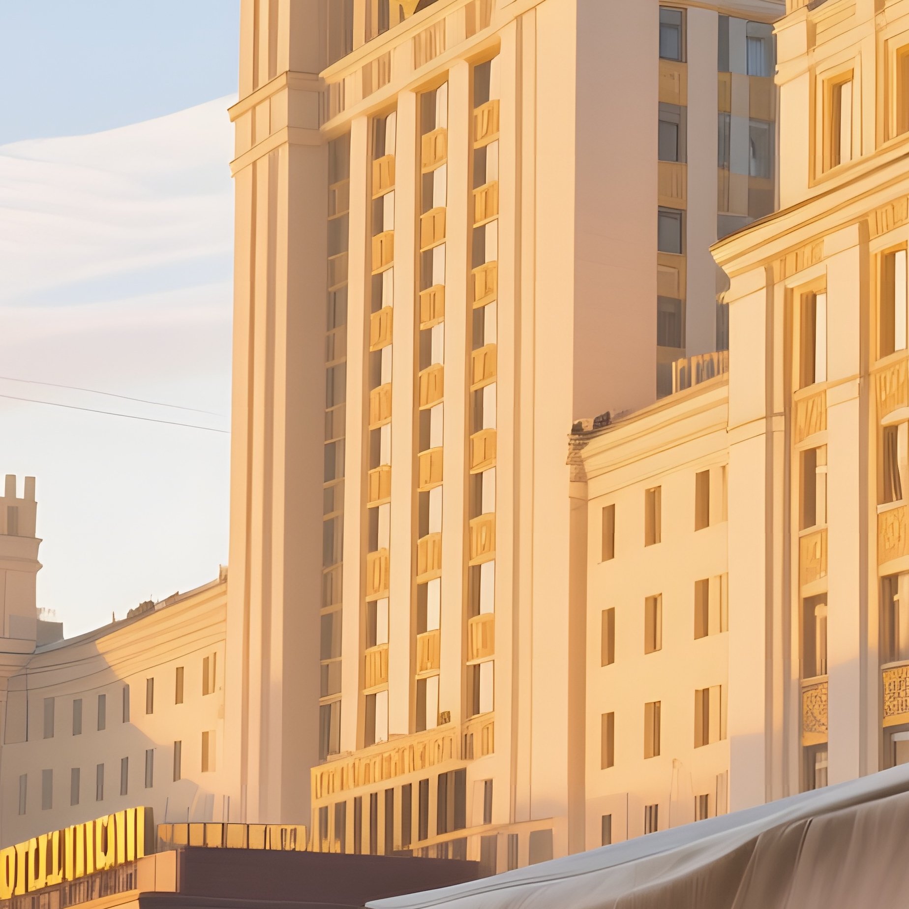 Early Morning Light Over Hotel Ukraina With Market Stall - Full Resolution Quality Preview