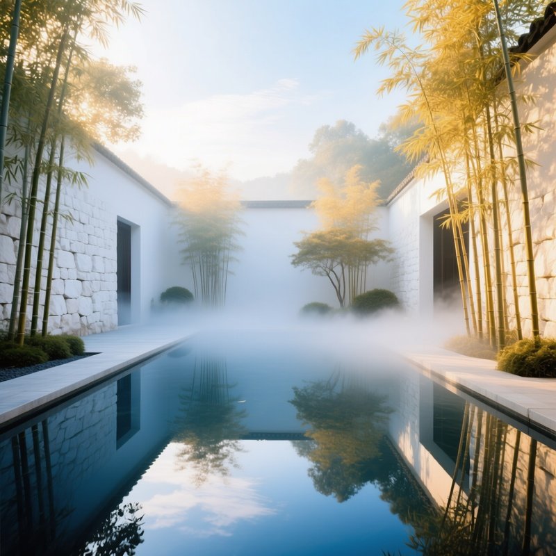 Early Morning Mist Garden Courtyard