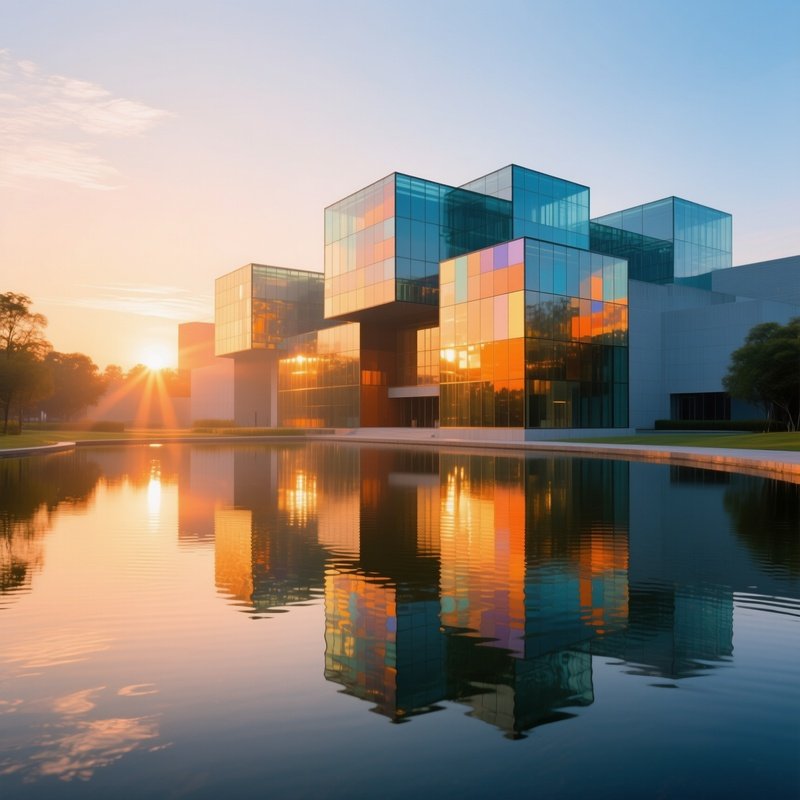 Early Morning Sunrise Over Glass Cubes Museum Complex Reflections Pond