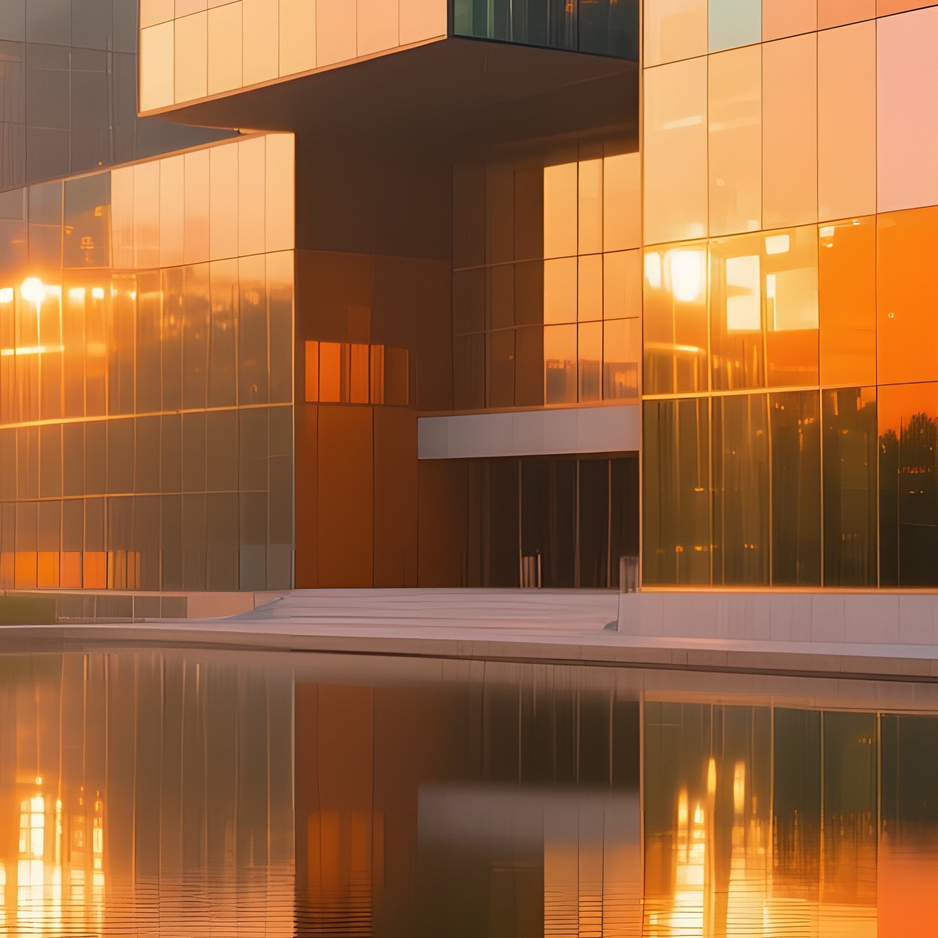 Early Morning Sunrise Over Glass Cubes Museum Complex Reflections Pond - Full Resolution Quality Preview