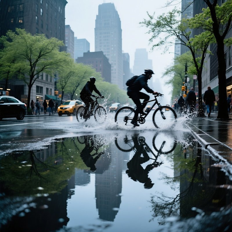 Early Spring Rain On Puddles Mirroring Towers Cyclists Splashing