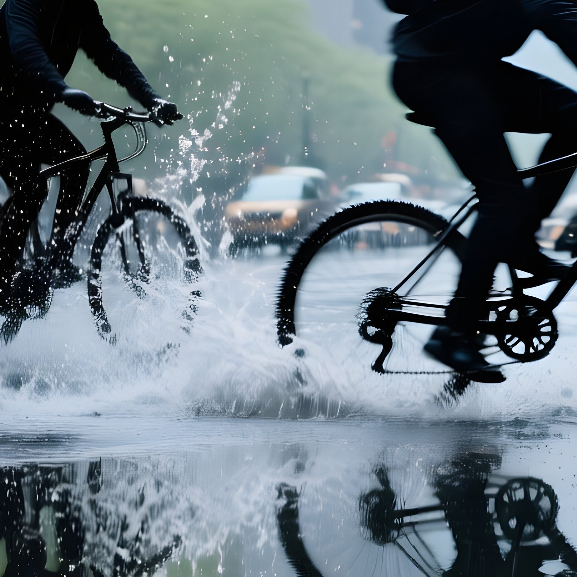 Early Spring Rain On Puddles Mirroring Towers Cyclists Splashing - Full Resolution Quality Preview