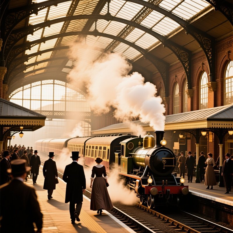Early Victorian Railway Station Glass Roof Steam Passengers