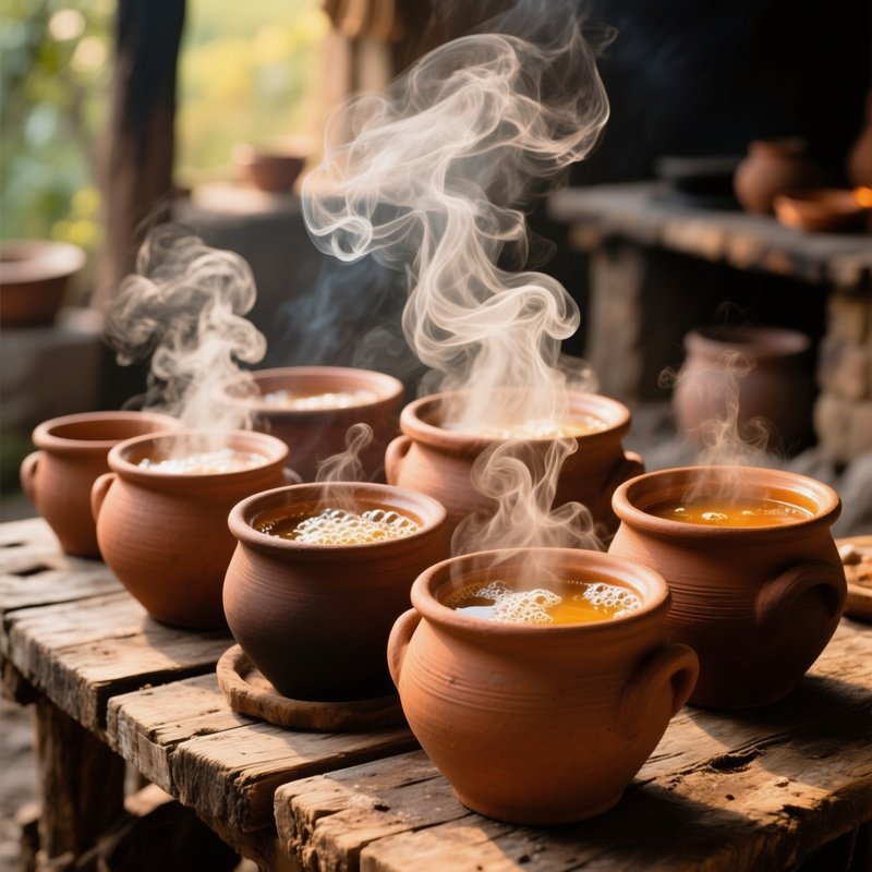 Earthenware Pots Bubbling Liquid Steam