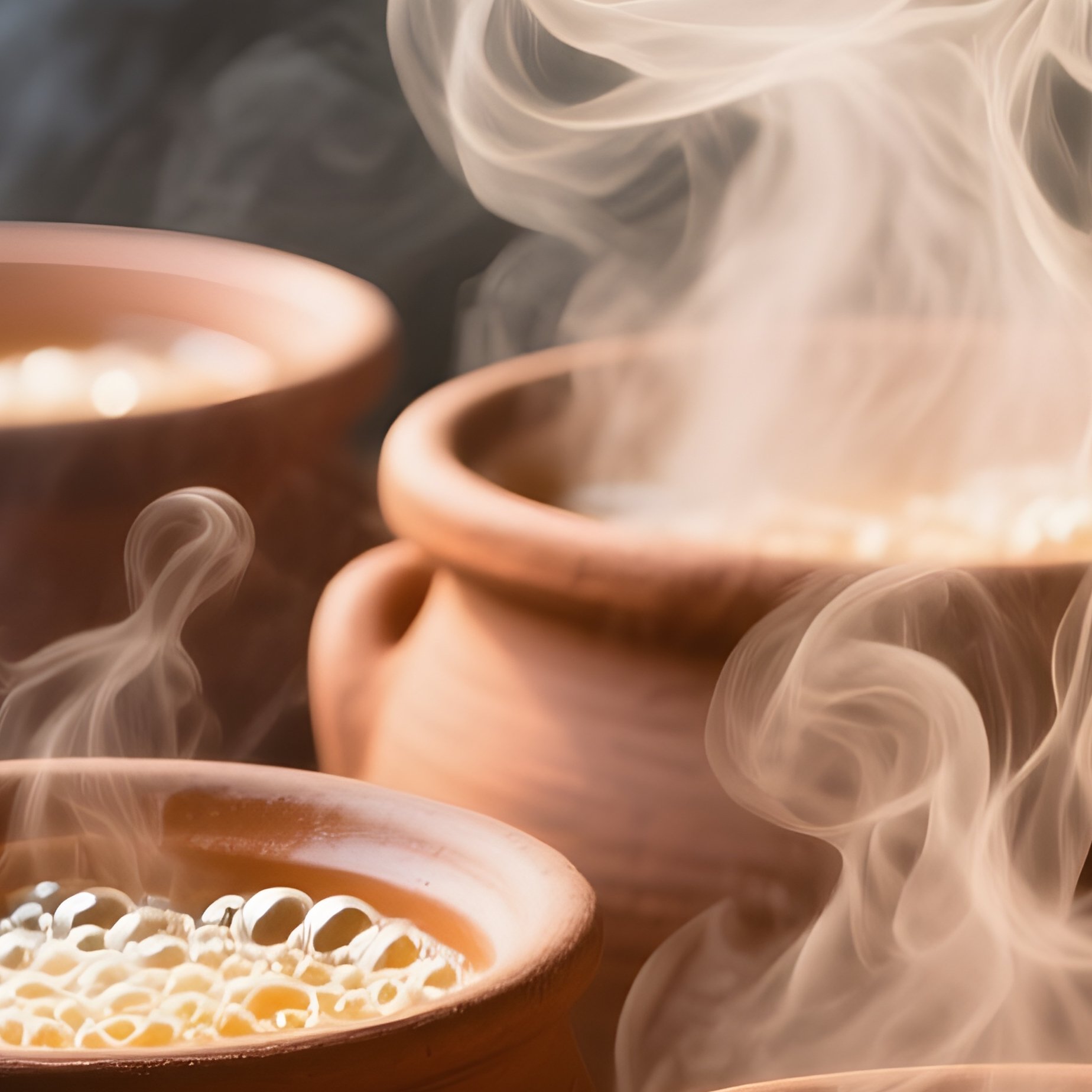 Earthenware Pots Bubbling Liquid Steam - Full Resolution Quality Preview