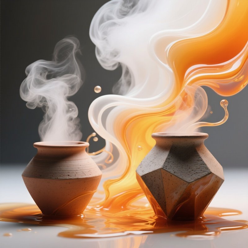 Earthenware Pots Bubbling Liquid Steam Abstract