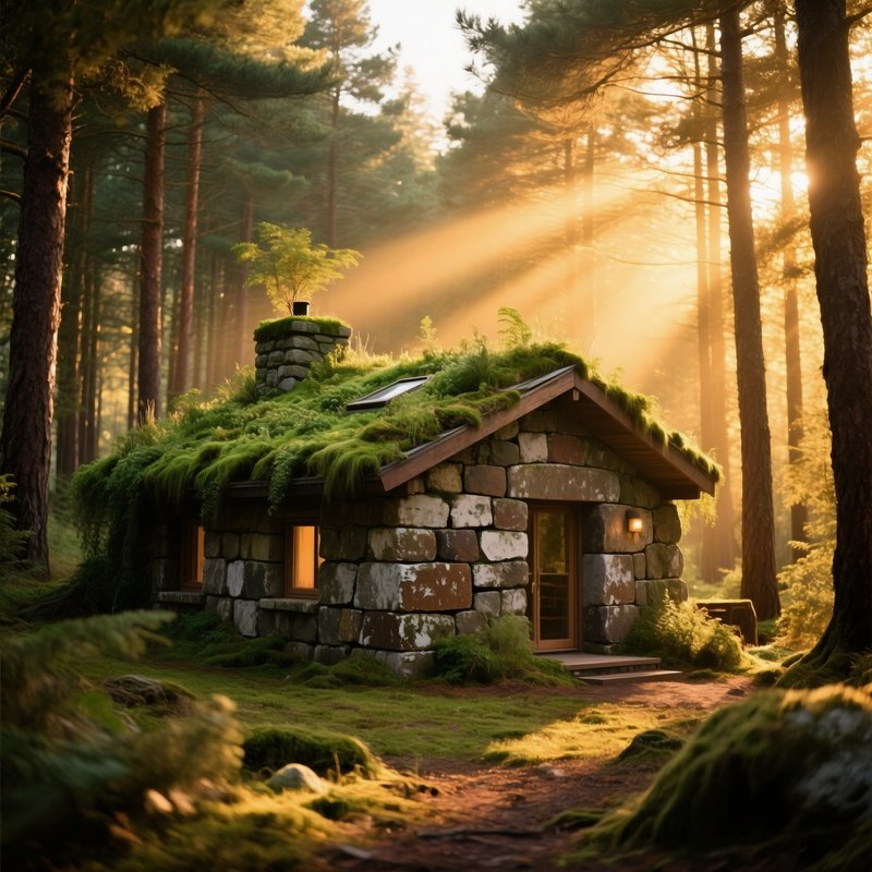 Eco Friendly Earth Ship Home Irish Stone Green Roofs Pine Forest Golden Hour