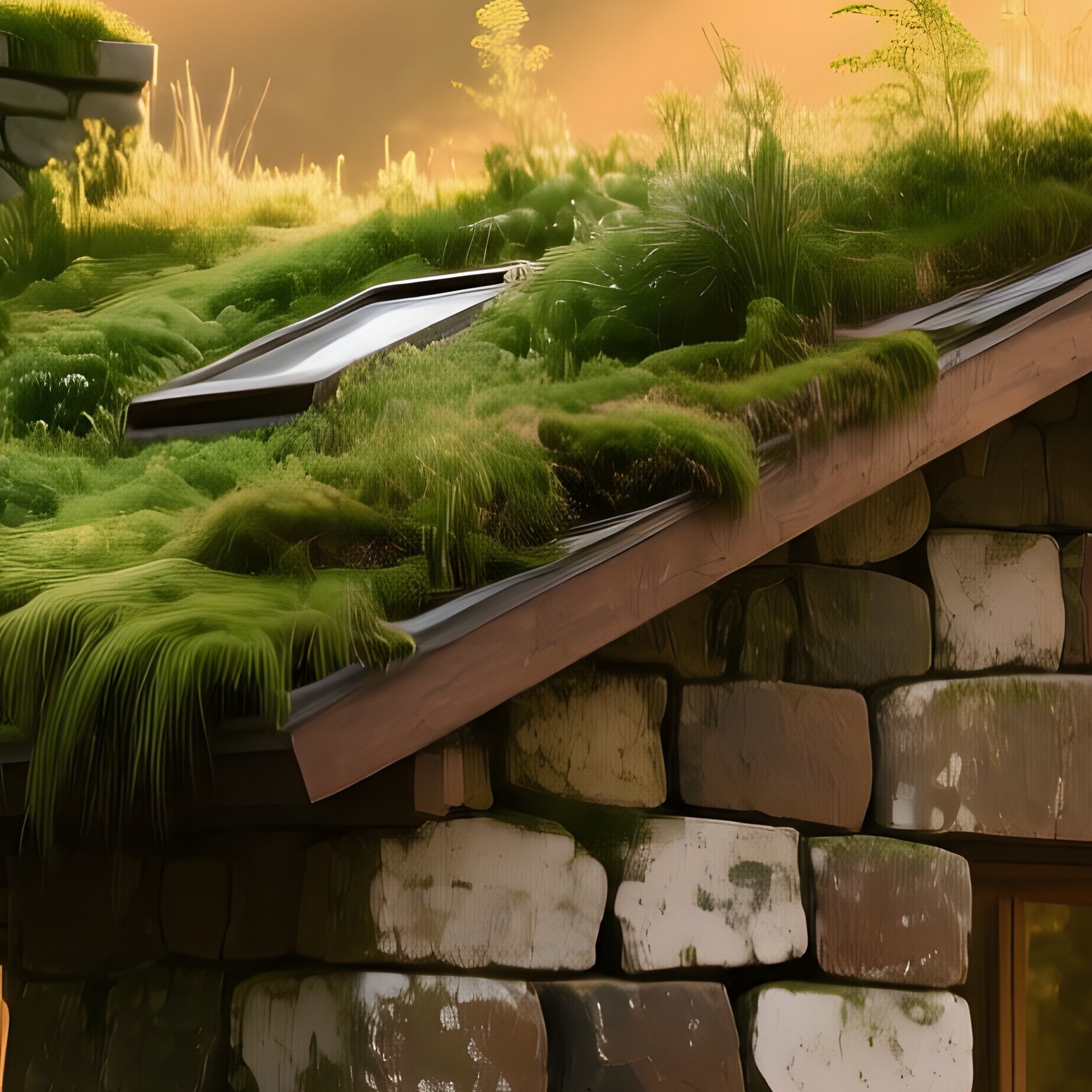 Eco Friendly Earth Ship Home Irish Stone Green Roofs Pine Forest Golden Hour - Full Resolution Quality Preview