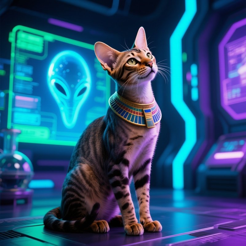 Egyptian Mau Cat Head Tilted Sitting Science Fiction