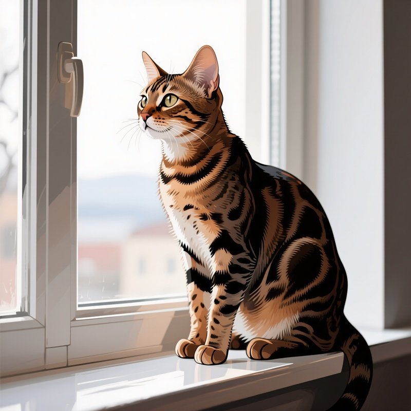 Egyptian Mau Cat Perched On A Windowsill Looking Outside-Illustration