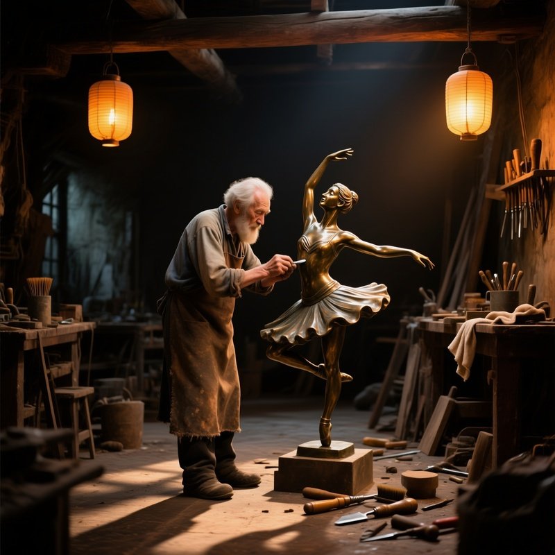 Elderly Artisan Polishing Bronze Dancer Statue