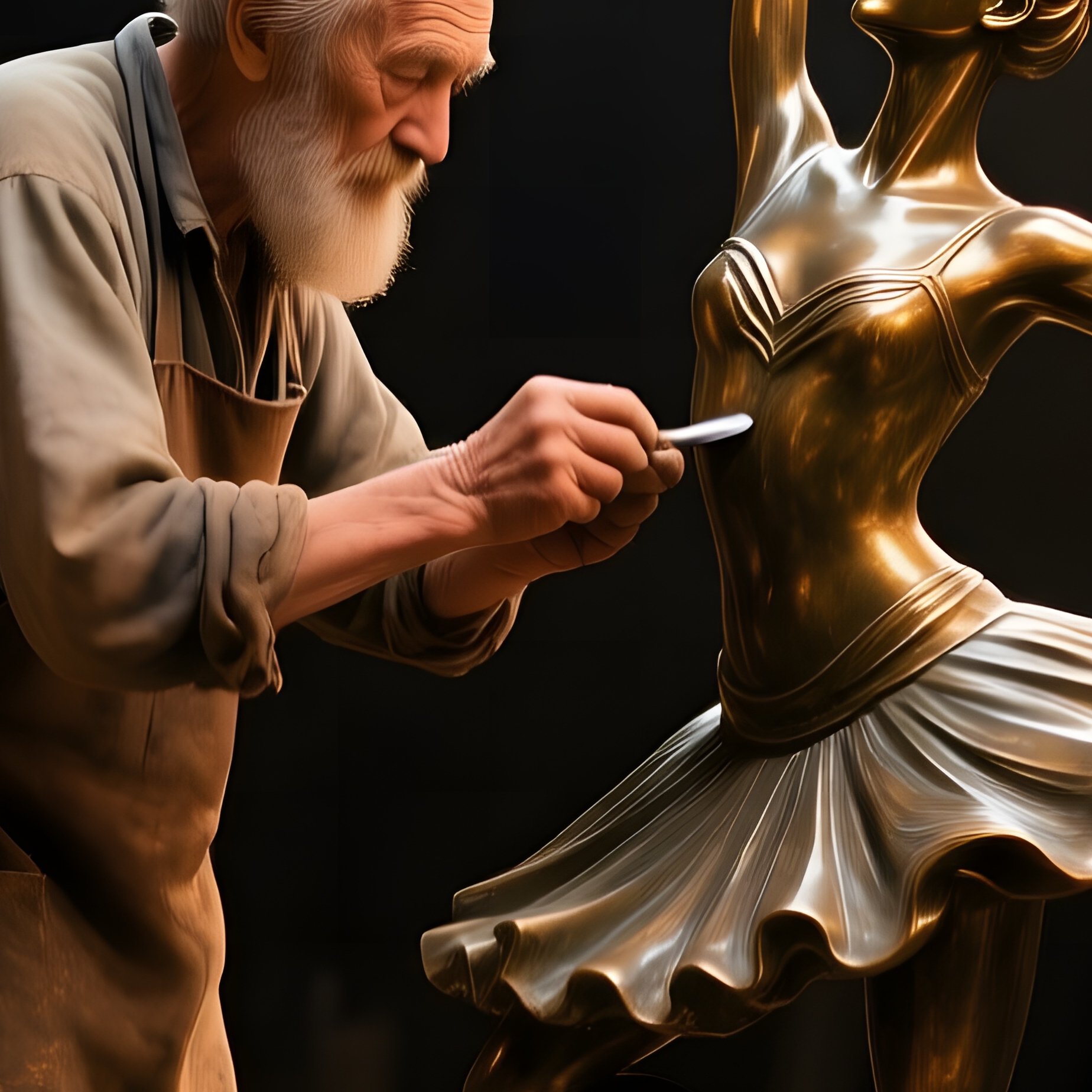 Elderly Artisan Polishing Bronze Dancer Statue - Full Resolution Quality Preview
